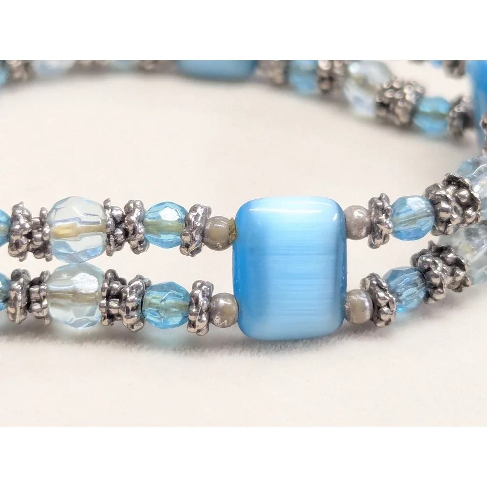 Vintage Beaded Stretch Bracelet Blue Cats Eye 2 Strand SilverTone Clear‎ Beads